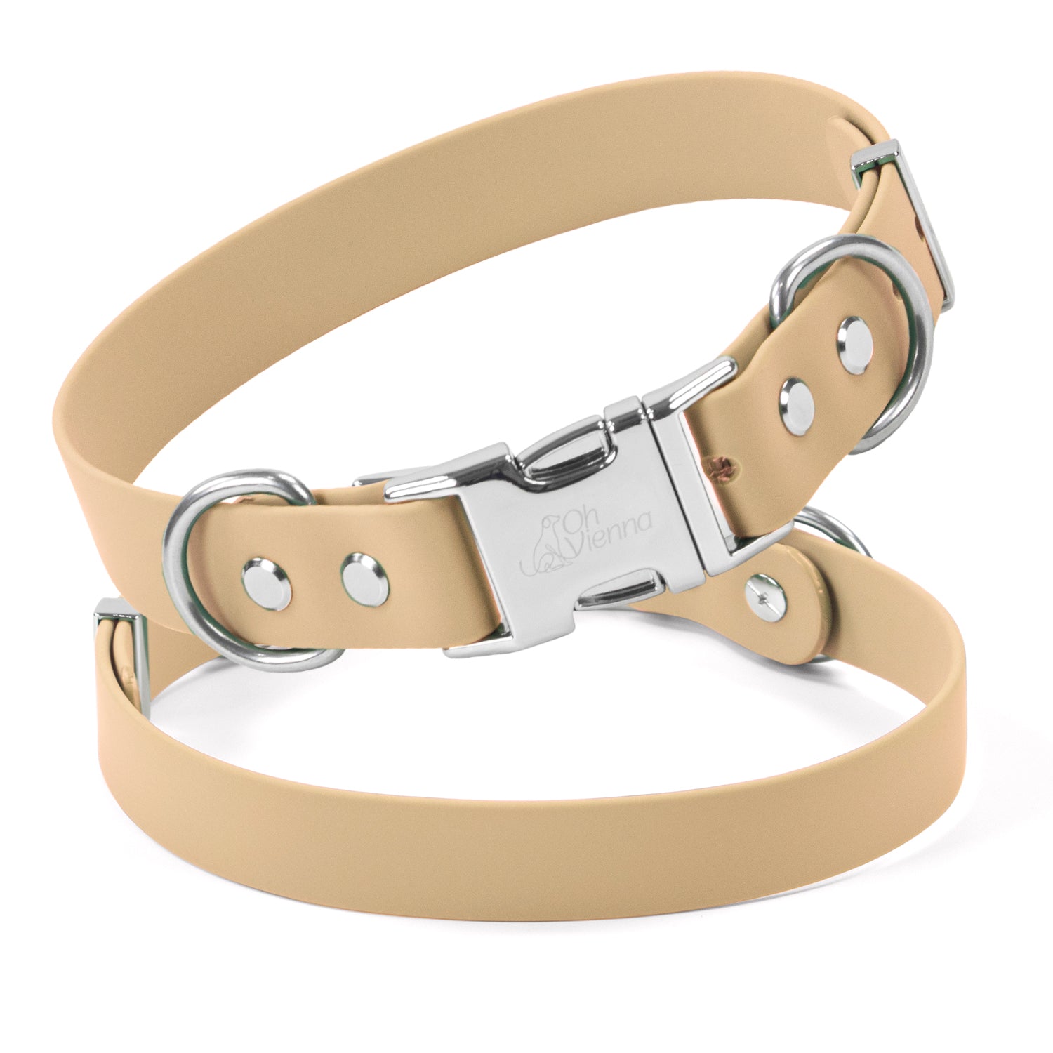A tan waterproof dog collar with a silver quick-release zinc alloy buckle and dual stainless steel D-rings and Rivets. Showing Both sides of the collar.