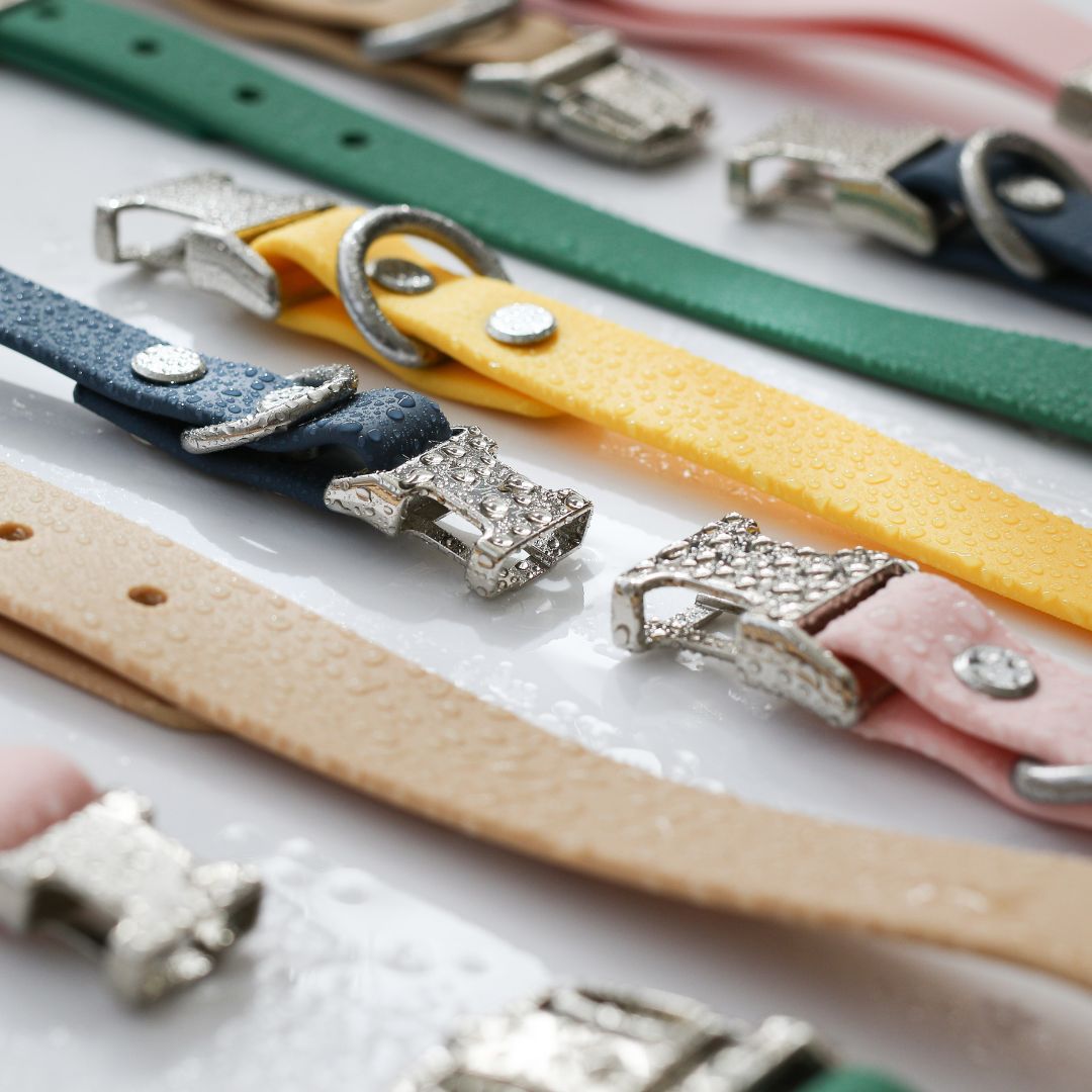 Close up of collars with water droplets forming on the PVC material