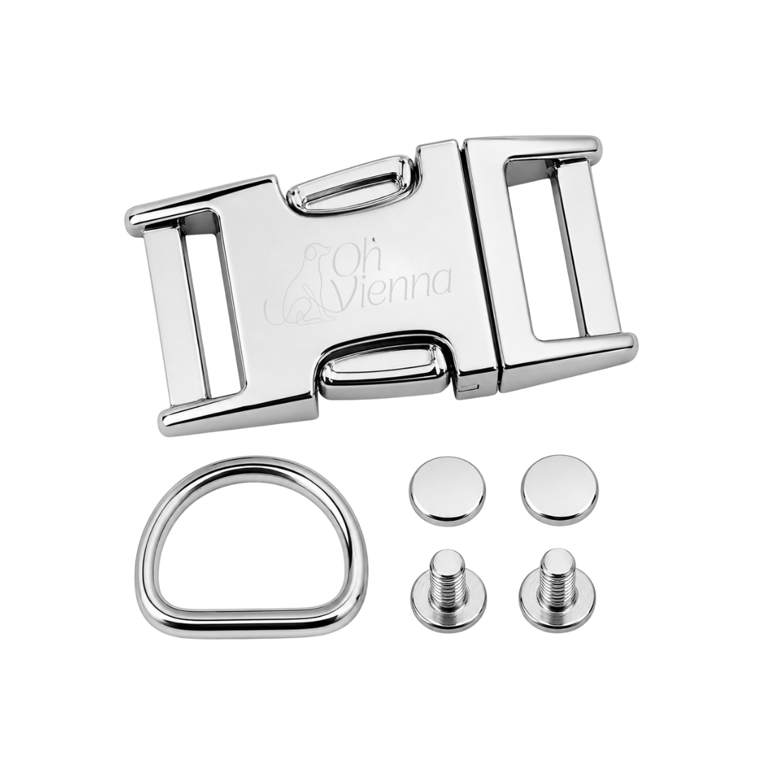 Replacement dog collar hardware pack with buckle, D-rings and rivets